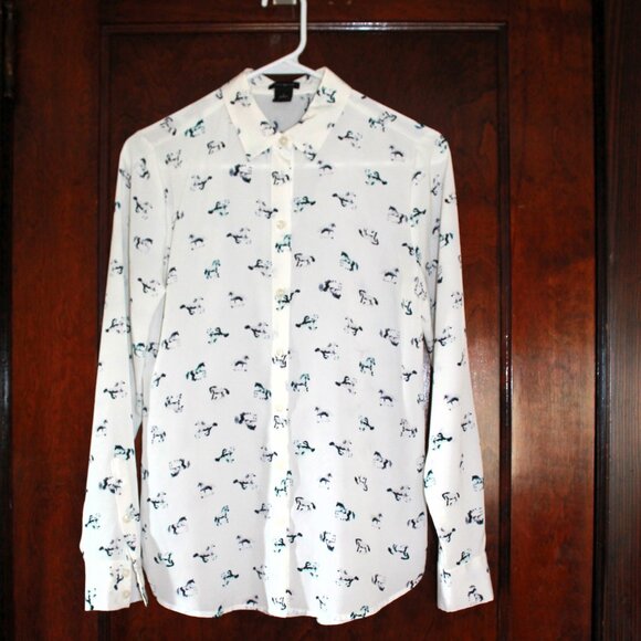 Ann Taylor Factory Button-Down Shirt w/ Horse Motif, Size 0 - Picture 1 of 11